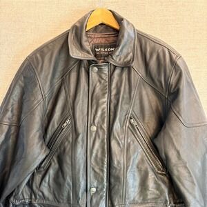 Vintage Wilsons Leather Black Utility Field Jacket Car Coat Mens XL Commando